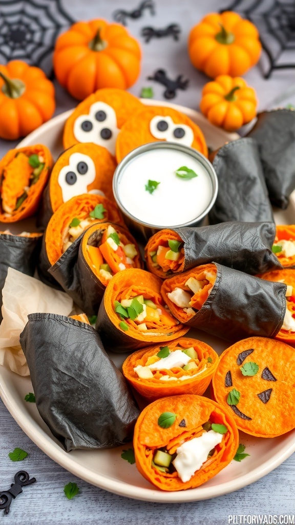 A colorful assortment of Halloween tortilla wraps shaped like ghosts and pumpkins, served on a festive platter.